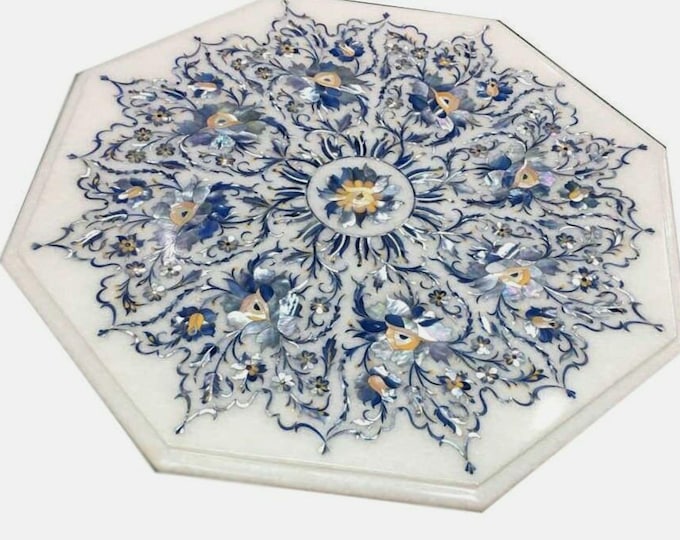 Octagon Marble Table Top: Blue Mother of Pearl Inlay, Handmade