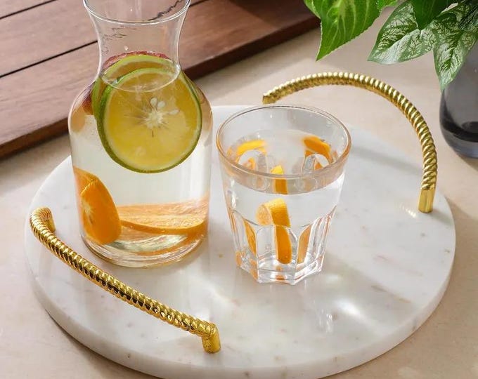 Round Marble Serving Tray with Brass Handles