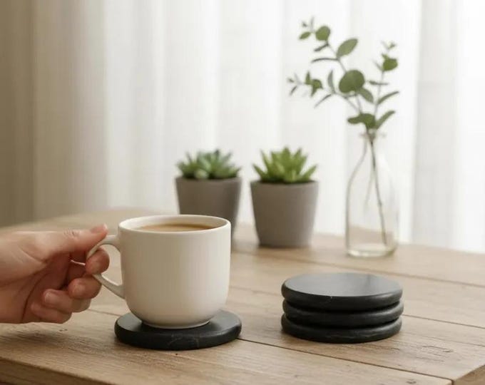 Black Marble Coaster Set – Round Stone Drink Coasters