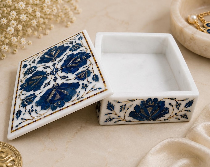 Lapis Lazuli Marble Inlay Locket Box – Royal Trinket Storage