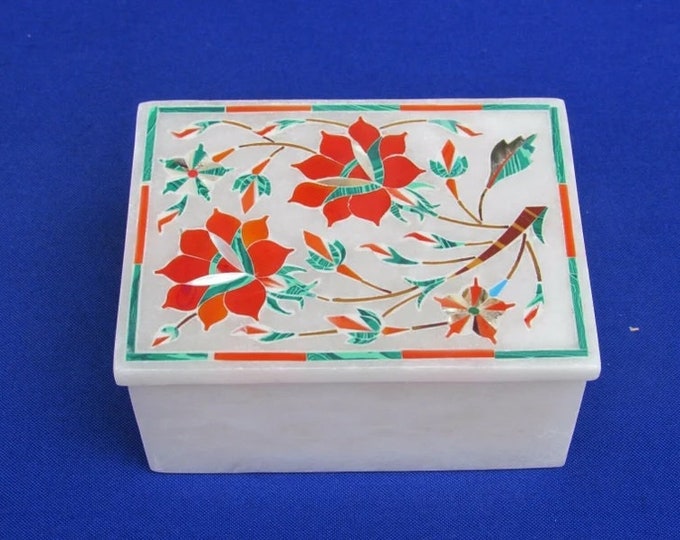 Marble Jewelry Box Multi Color Semi Precious Stone Pietra Dura Art Handmade Decor Gift