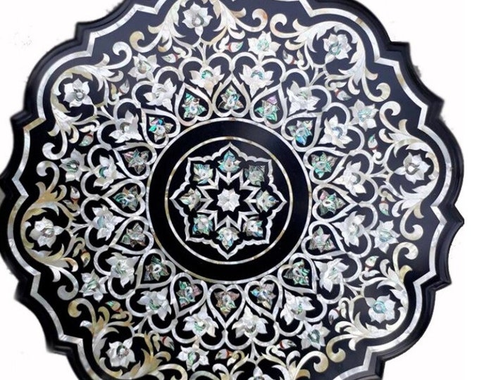 Black Marble Dining Table Top with Semi Precious Stone Inlay Work Handmade Patio Table for Home and Living Decor