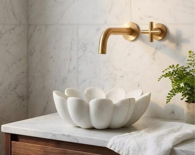 White Flower Vessel Sink – Sculptural Marble Bathroom Basin