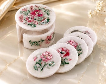 Handcrafted Pink Floral Marble Coaster Set with Holder
