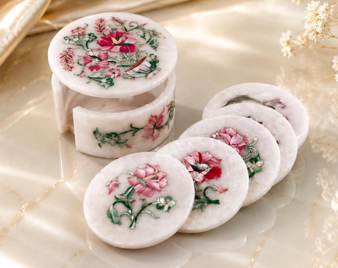 Handcrafted Pink Floral Marble Coaster Set with Holder