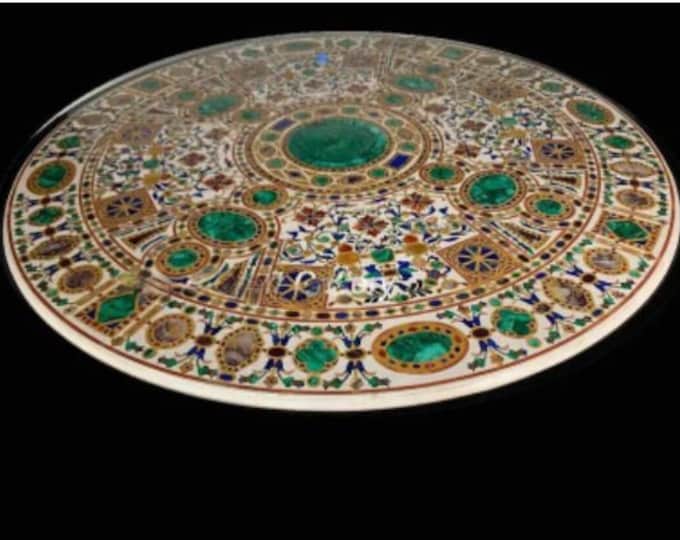 Round Marble Dining Table Top Semi Precious Stone Inlay Work Handmade Home Decor
