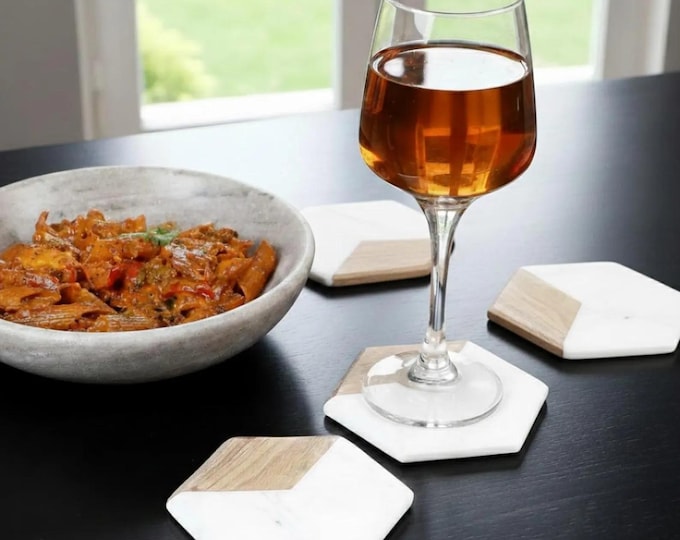 Hexagon Marble & Wood Coasters Set | Modern Drink Coasters