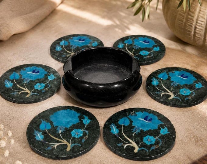 Handmade Marble Coaster Set with Floral Inlay – Luxury Stone Drink Coasters with Holder