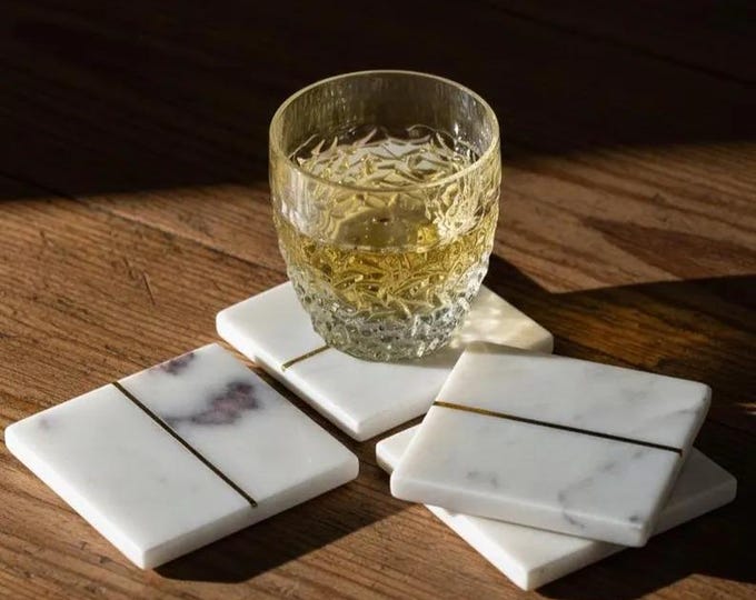 Minimalist Marble Coasters with Brass Inlay – Modern Square Stone Drink Coaster Set