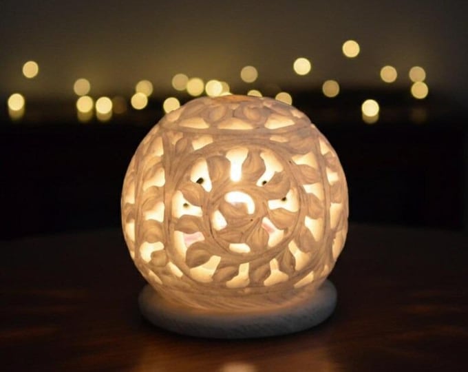 Hand-Carved Marble Tealight Candle Holder – Ornate Sphere Lamp
