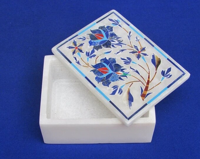 Marble Jewelry Box Multi Color Semi Precious Stone Pietra Dura Art Handmade Decor Gift Box