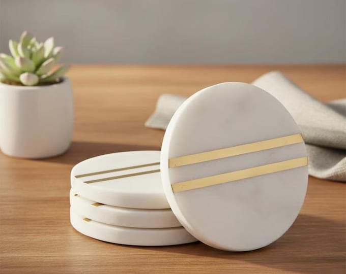 Minimalist White Marble Coasters with Brass Inlay Stripes