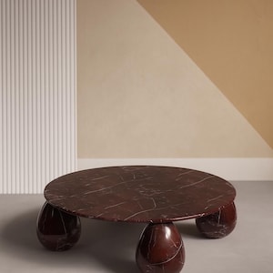 Rosso Levanto Marble Coffee Table – Round Luxury Center Table with Sculptural Legs