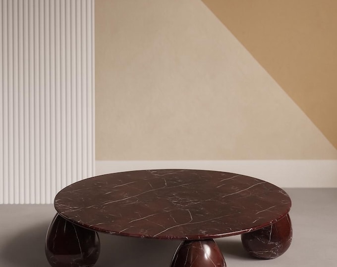 Rosso Levanto Marble Coffee Table – Round Luxury Center Table with Sculptural Legs