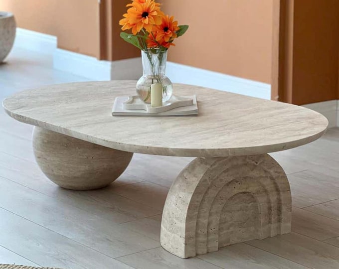 Handmade Travertine Coffee Table – Sculptural Modern Oval Table with Arch Base
