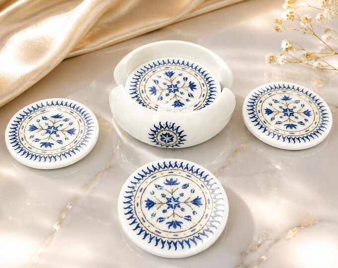 Handmade Lapis Marble Coaster Set: Pietra Dura Inlay Art Home Decor