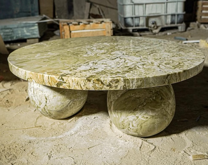 Green Marble Coffee Table Round Italian Design, Spherical Base
