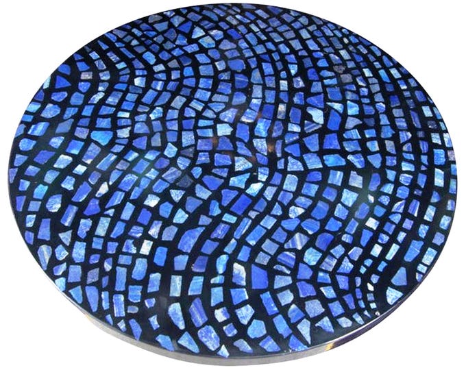 Round Blue Mosaic Table with Wavy Pattern Semi Precious Stone Inlay