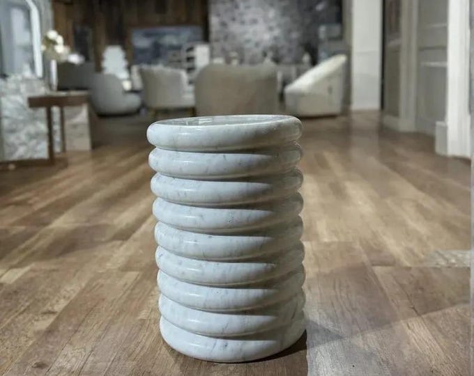 Modern Ribbed Marble Side Table, Sculptural Stone Accent Stool