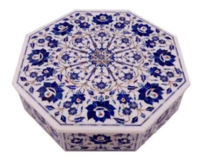 8" x 8" Marble Jewelry Box Lapis Lazuli Semi-precious stones