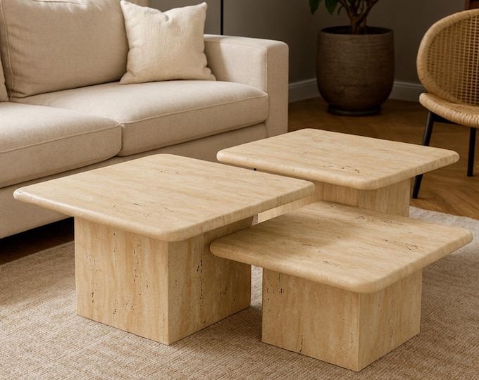Handmade Travertine Marble Coffee Table Set: Minimalist Square Design