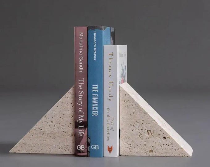 Minimalist Travertine Triangle Bookends, Modern Stone Book Holder Set