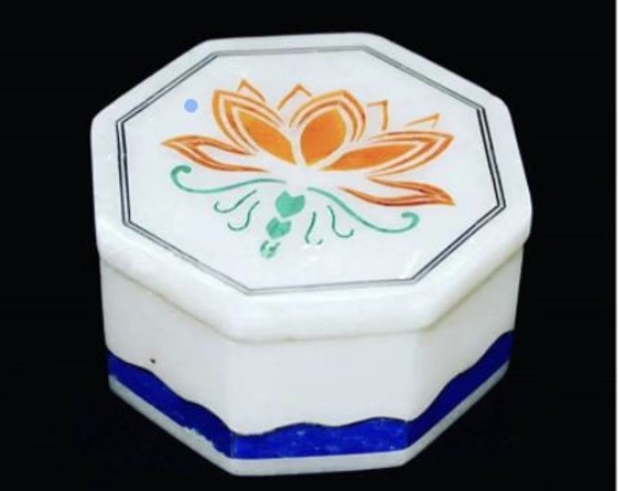 4" x 4" x 2" Marble Ring Box Semi Precious Stones Art Inlay Work Handmade Home Decor Gifts