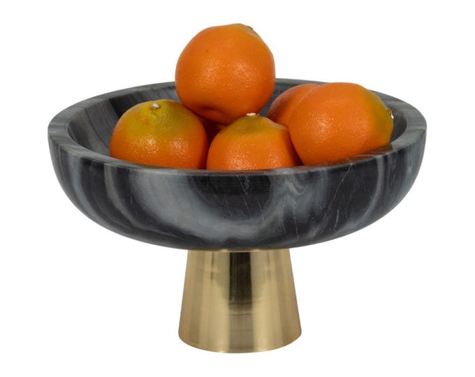 Black Marble Pedestal Bowl with Brass Base, Modern Fruit Bowl Stand