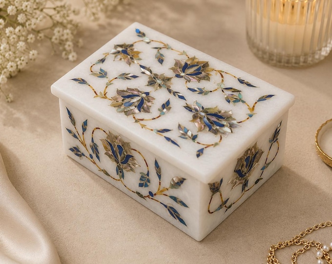 Handmade Marble Inlay Floral Jewelry Box, Decorative Keepsake Storage