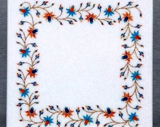 Inlaid Gemstone Accent White Marble Coffee Table for Home and Living Room