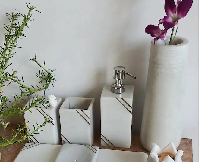 Marble Bathroom Accessory Set: Gold Inlay Luxury Decor