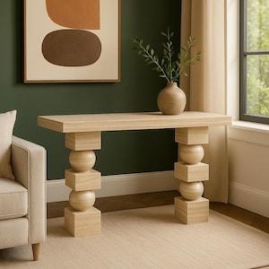 Sculptural Travertine Console Table with Geometric Legs Handmade Natural Stone Accent