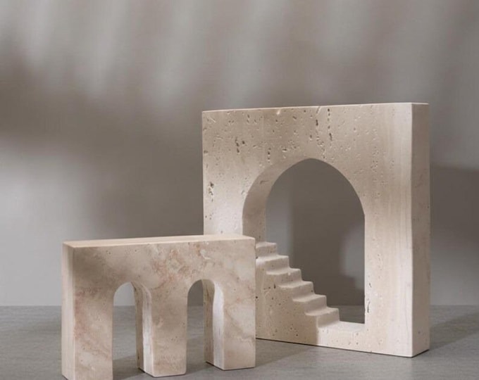 Minimalist Travertine Arch Sculpture Set – Modern Architectural Stone Decor