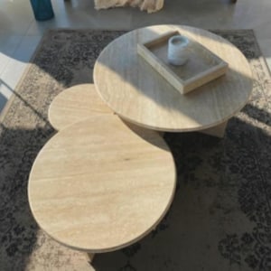 Handmade Travertine Nesting Coffee Table Set: Round Natural Stone Tables