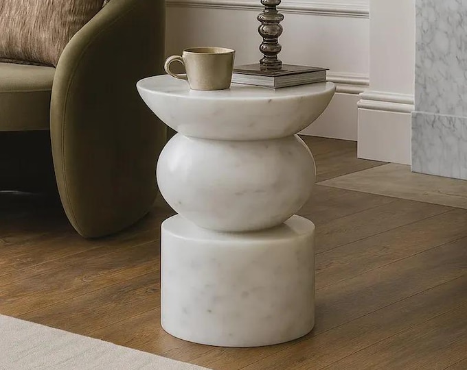 Modern Sculptural Marble Side Table, Minimalist Pedestal End Table