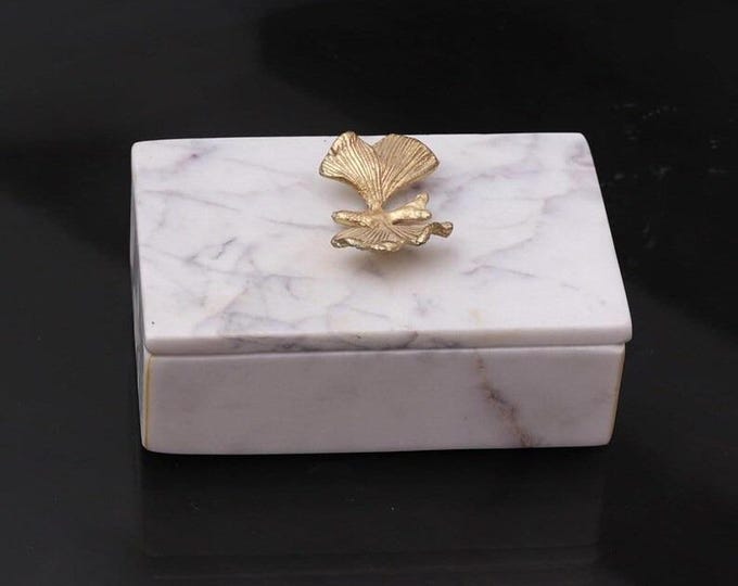 White Marble Jewelry Box with Gold Leaf Handle | Luxury Storage Box