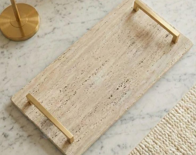 Travertine Serving Tray with Brass Handles | Modern Stone Coffee Table Decor