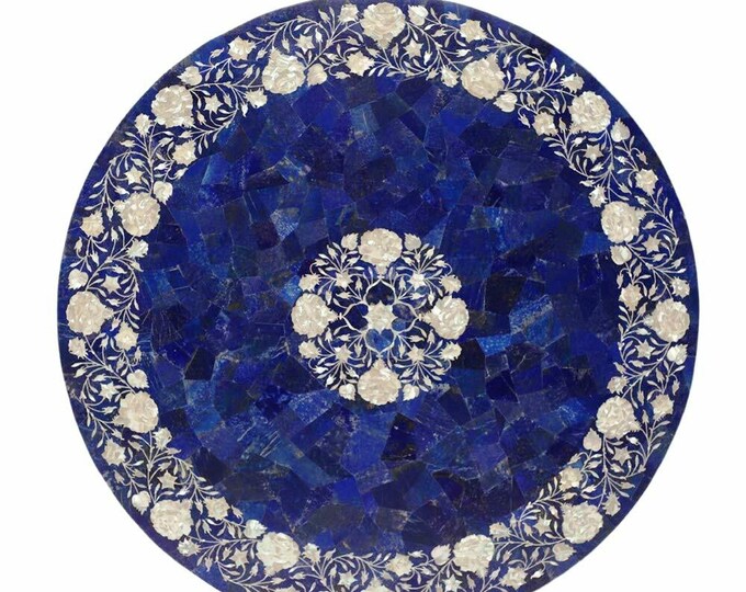 Lapis Lazuli Inlay Marble Tabletop: Floral Pietra Dura Art