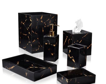 Zwarte Obsidiaan Stenen Badkamer Accessoires Set: Moderne Badkamerdecoratie