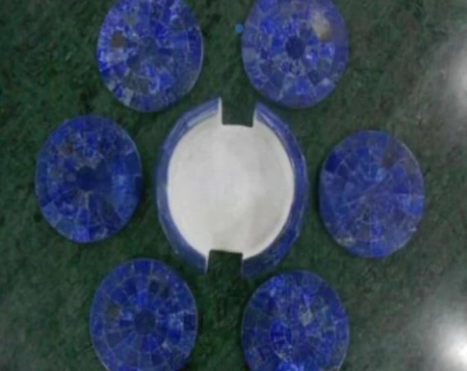 Marble Coaster Set Handmade Lapis Semi Precious Stone Pietra Dura Work