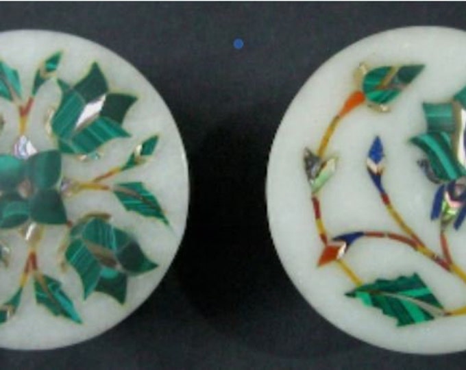 2.5 Inches White Marble Round Shape Jewelry Box Malachite Stone Inlay Work Multiuse Box for Dressing Table Decor Set of 2 Pieces