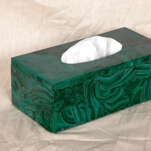 Handcrafted malachite decorative tissue box for bathroom or home décor.