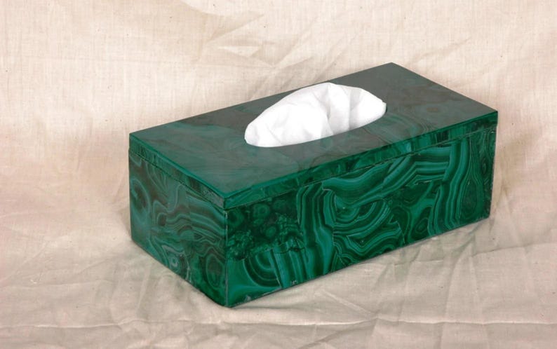 Handcrafted malachite decorative tissue box for bathroom or home décor.