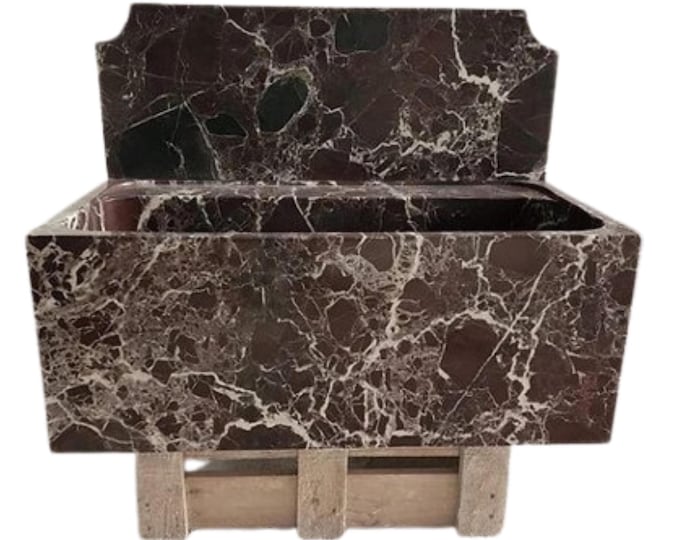 Custom Rosso Levanto Marble Sink: Hand-Carved Ribbed Wall Mount