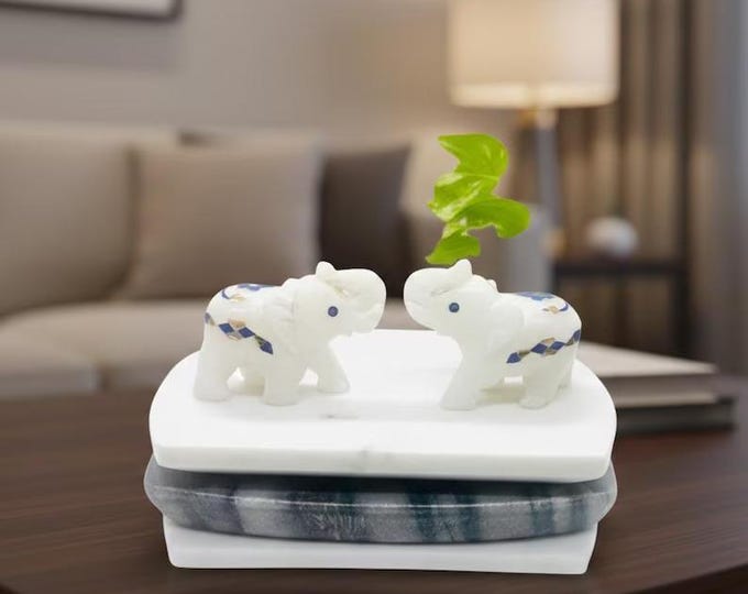 Marble Elephant Figurine Decor | White Stone Elephants with Leaf Accent