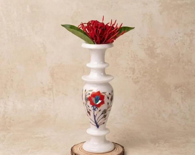 White Marble Inlay Vase, Floral Stone Inlay Decor