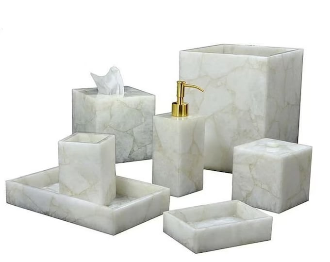 7 PCS White Quartz Handmade Bathroom Decor Set  Unique Stone Bath Decor Accessories