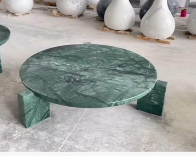 Handcrafted Green Marble Coffee Table | Round Stone Table with Sculptural Legs