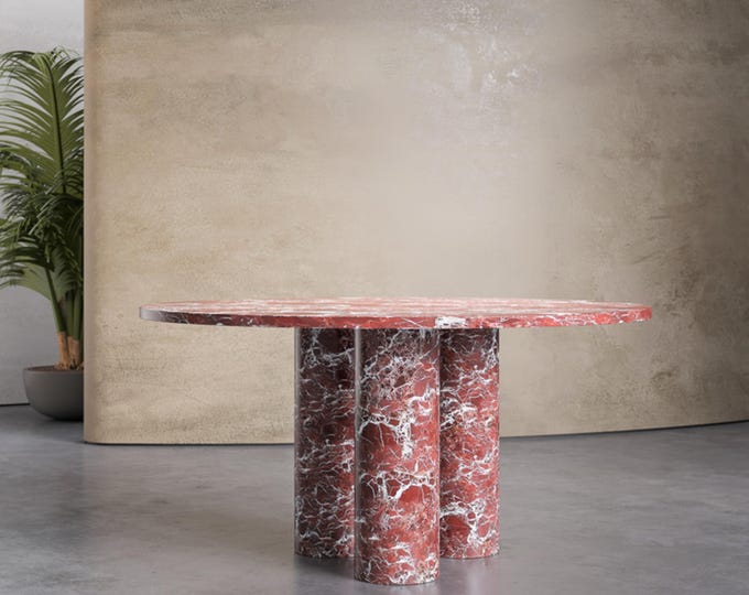Handmade Round Marble Dining Table: Travertine, Rosso Levanto, or Green Marble