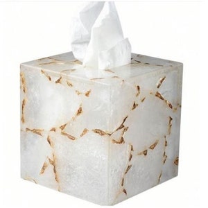 Caja de pañuelos de piedra de cuarzo blanco, caja de servilletas de baño de cuarzo con lámina de oro, decoración del hogar hecha a mano